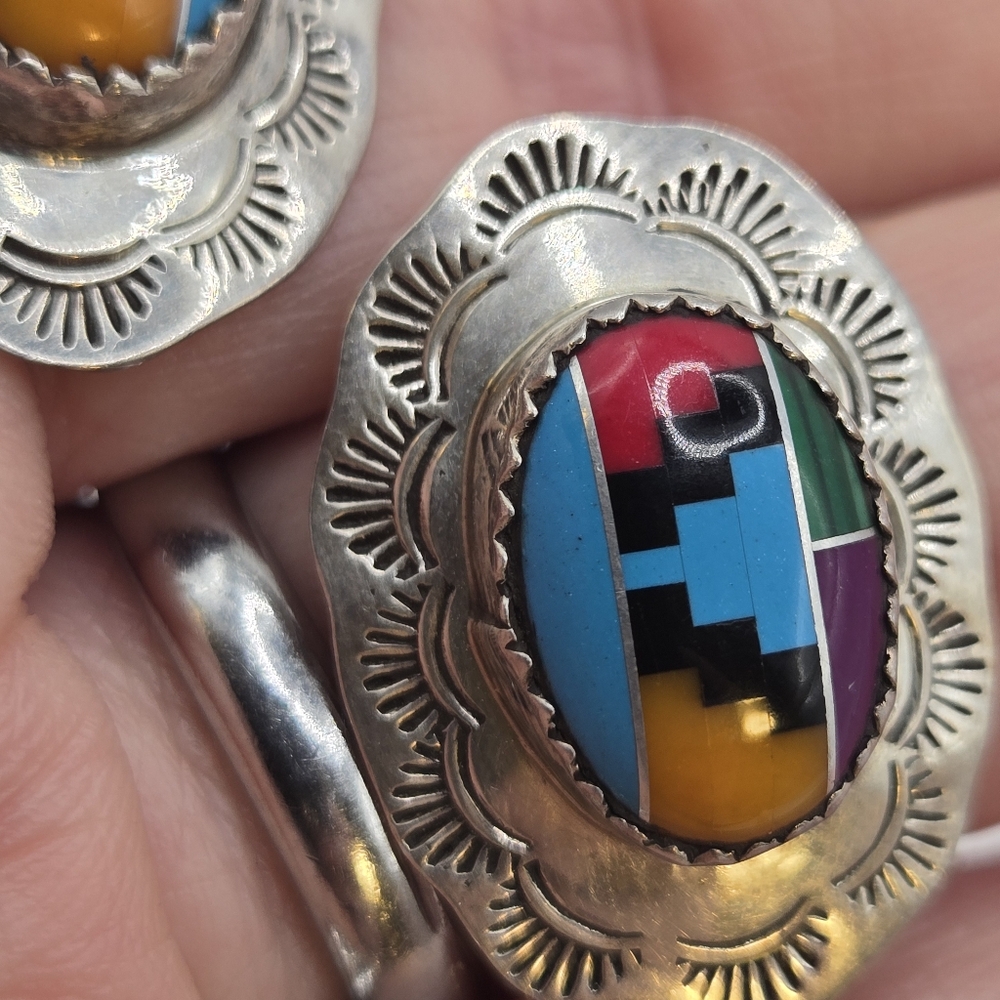 Sterling Silver Inlay Navajo Stud Earrings Richard Begay Native Artist Vintage - Picture 4 of 12